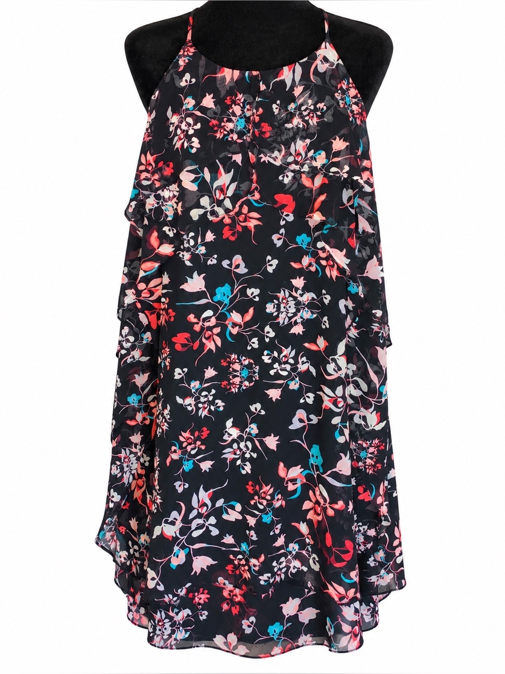 BCBGMAXAZRIA Floral Mini Dress | Black Ruffle Strappy | Size Large
